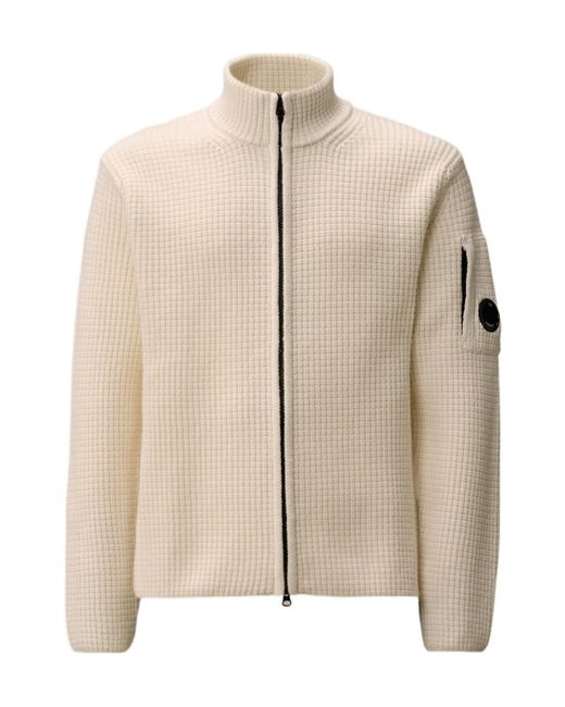 C P Company Natural Zip-Front Waffle-Knit Cardigan for men