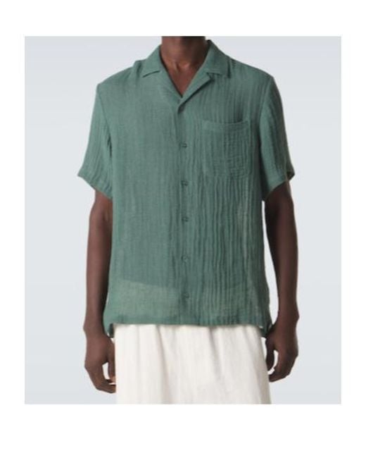 LeKasha Green Botad Linen Bowling Shirt for men