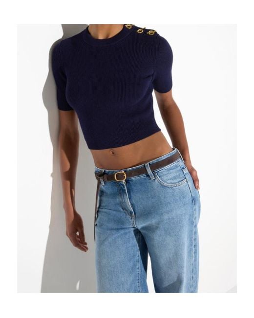 Elisabetta Franchi Blue Knit Top With Jewel Details