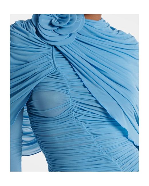Magda Butrym Blue Floral-Applique Ruched Caped Midi Dress