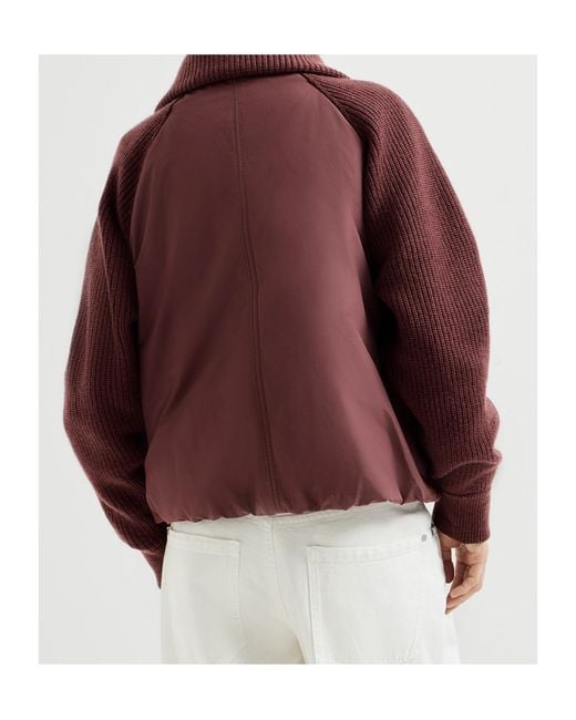 Brunello Cucinelli Red Techno Cotton Taffeta And Virgin Wool, Cashmere And Silk Knit Down Jacket With Shiny Zipper Pull