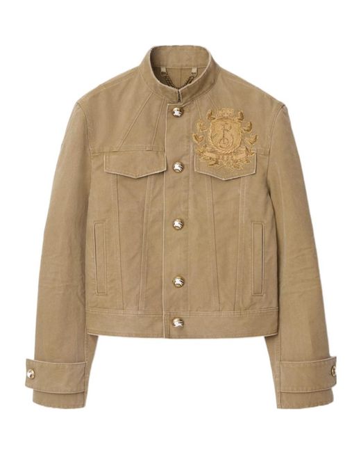 Burberry Logo Embroidered High-Neck Jacket in Natural for
