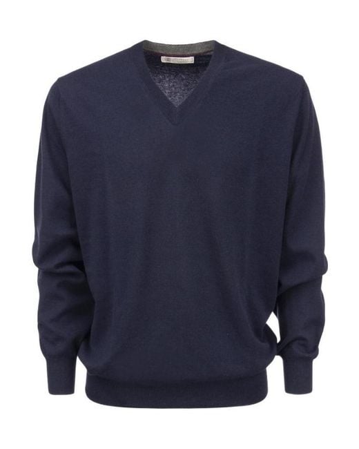 Brunello Cucinelli Blue Cashmere-Knit V-Neck Jumper for men