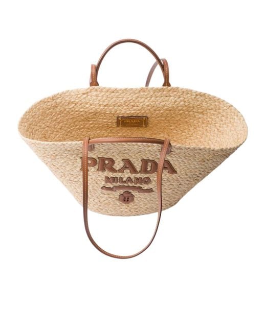 Prada Natural Logo-Appliqué Woven Top Handle Bag
