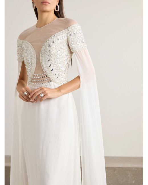 Georges Hobeika White Tulle-Trimmed Embellished Georgette Gown
