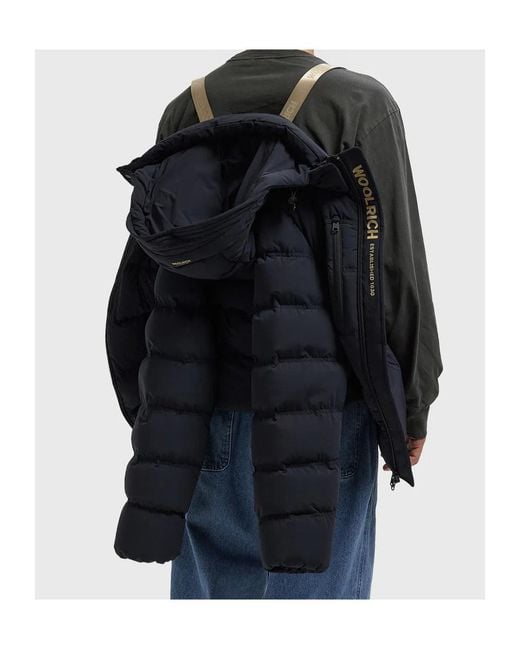 Woolrich Blue Zipped Hooded Puffer Jacket for men