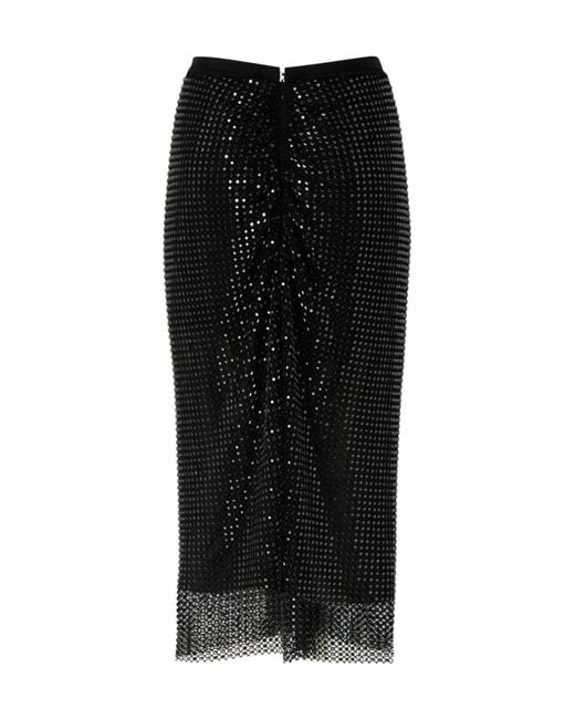 Pinko Black Mesh-Effect Calf-Length Skirt With Rhinestones