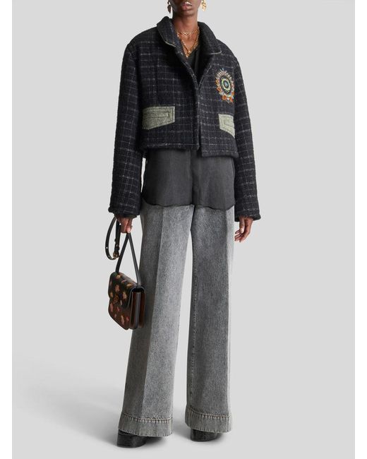 Etro Black Floral Embroidered Checked Coat