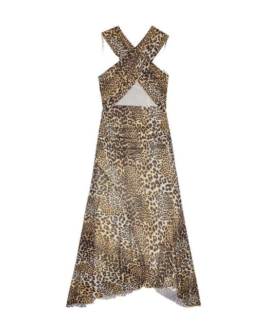 Ganni Natural Leopard Ruched V-Neck Dress