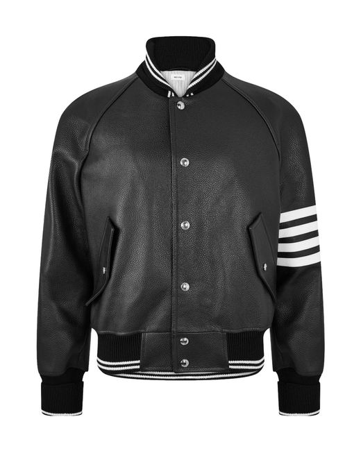 Thom Browne Black Versatile Leather Varsity Jacket for men