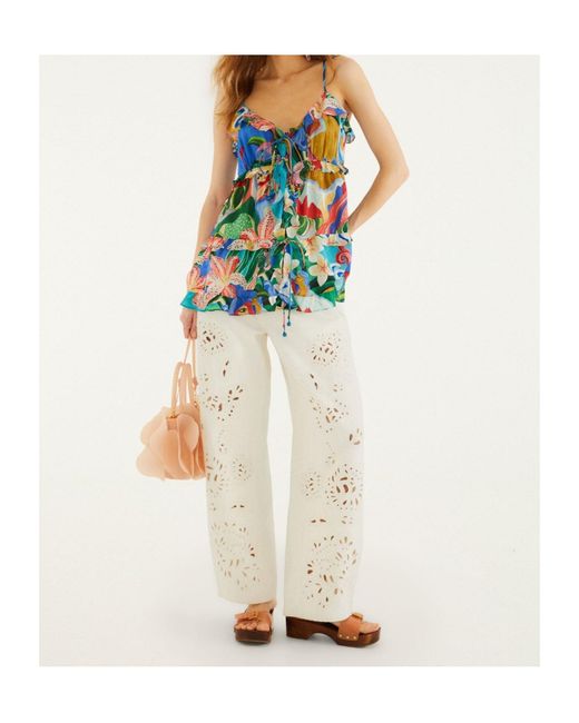 Farm Rio Blue Ruffled Floral-Print Top