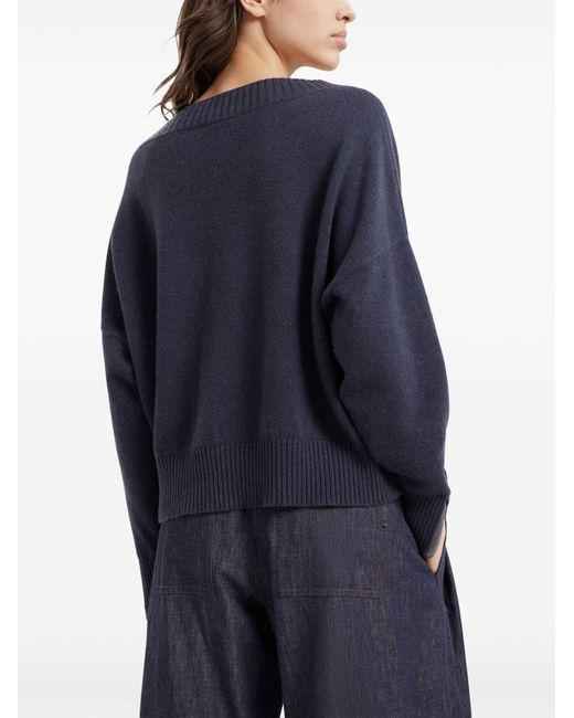Brunello Cucinelli Blue V-Neck Long-Sleeved Sweater