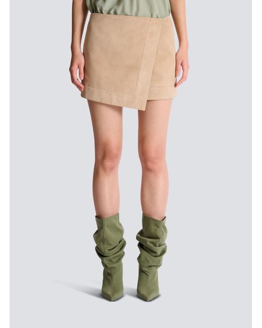 Balmain Natural Suede Wrap Mini Skirt
