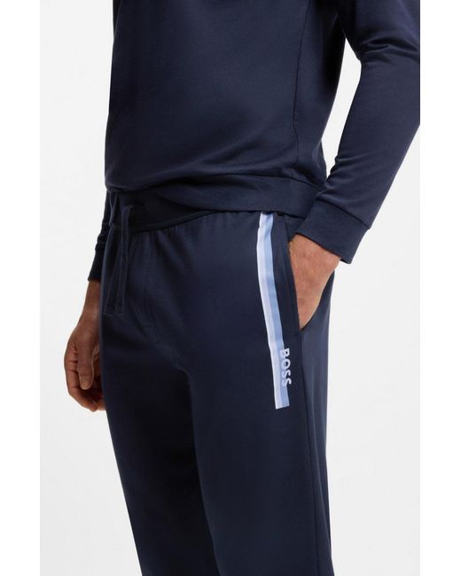 Boss Blue Cotton-Terry Tracksuit Bottoms With Stripes And Logo for men