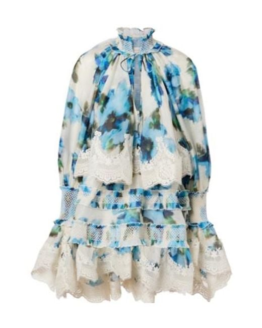 Zimmermann Blue Floral Lace-Trimmed Minidress