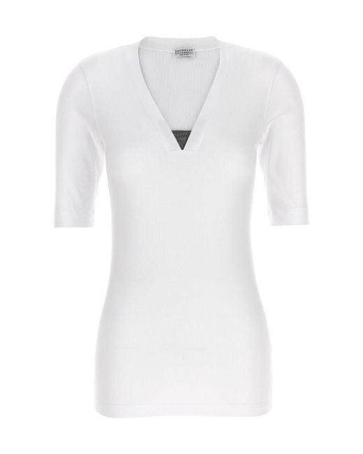 Brunello Cucinelli White Deep V-Neck Ribbed Top