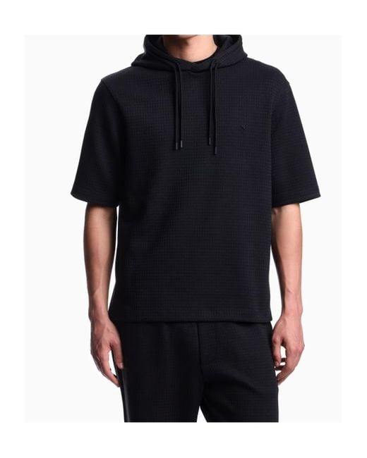 Emporio Armani Blue Jacquard Jersey Short-Sleeve Hoodie for men