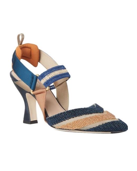 Fendi Blue And Copper Mesh And Beaded High-Heeled Slingbacks
