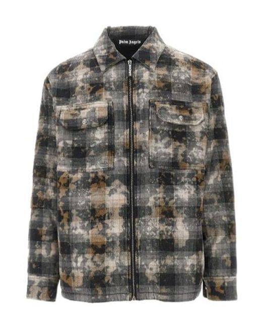 Palm Angels Gray Checked-Pattern Zip-Up Overshirt for men