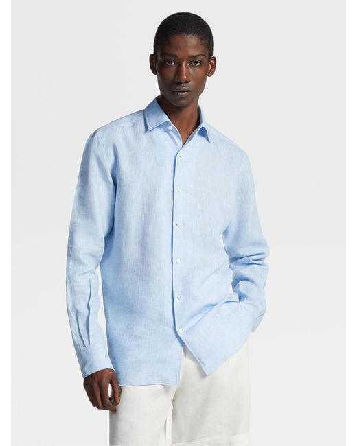 Zegna Blue Long-Sleeve Linen Shirt for men