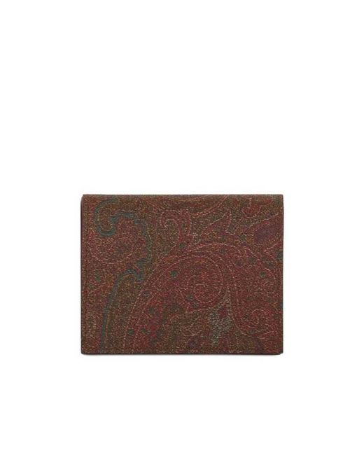 Etro Brown Paisley Print Logo Embroidered Bi-Fold Cardholder