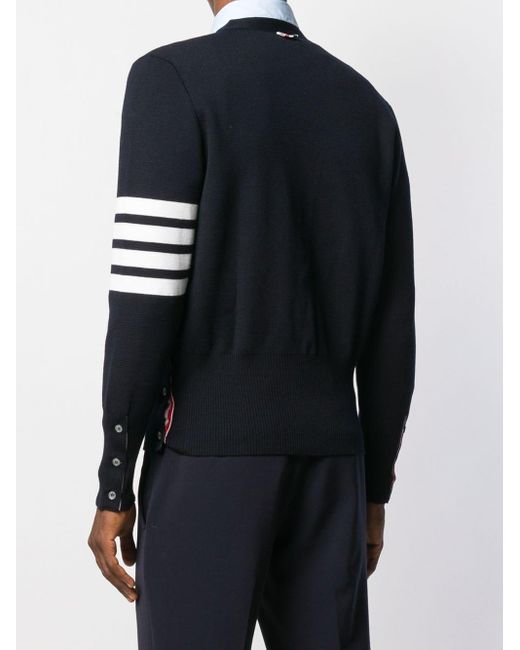 Thom Browne Blue Bar Striped Straight Hem Cardigan for men
