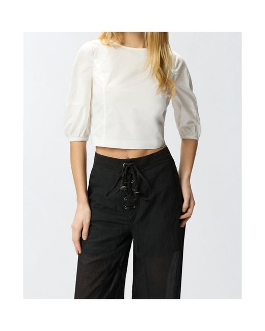 Pinko White Open-Back Puff-Sleeve Top