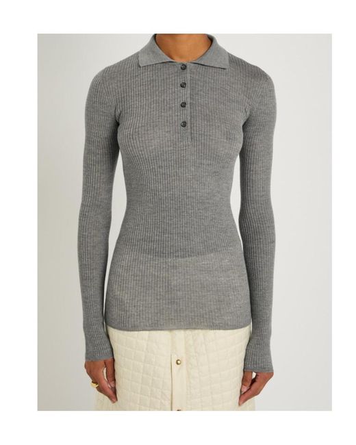 Moncler Gray Ribbed Wool Polo Top