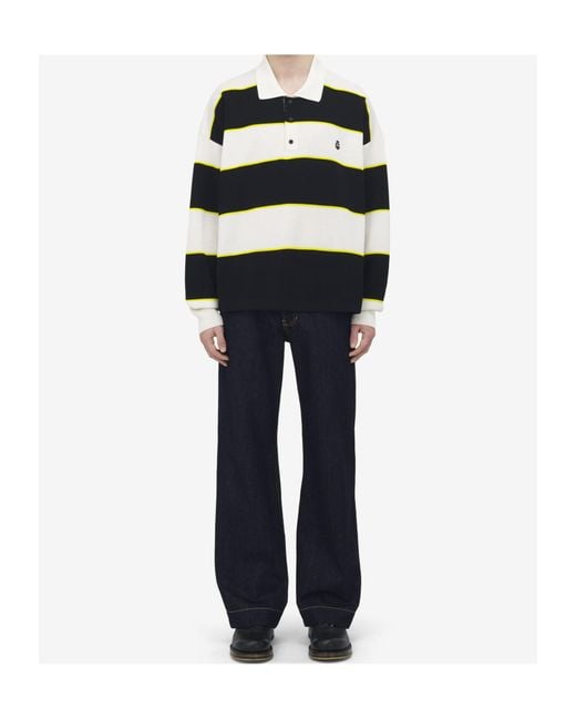 McQueen Black Skull Embroidered Knitted Striped Polo Shirt for men