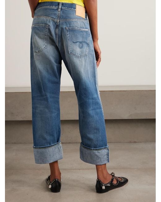 R13 Blue Cuffed X-Boyfriend Distressed Mid-Rise Wide-Leg Jeans