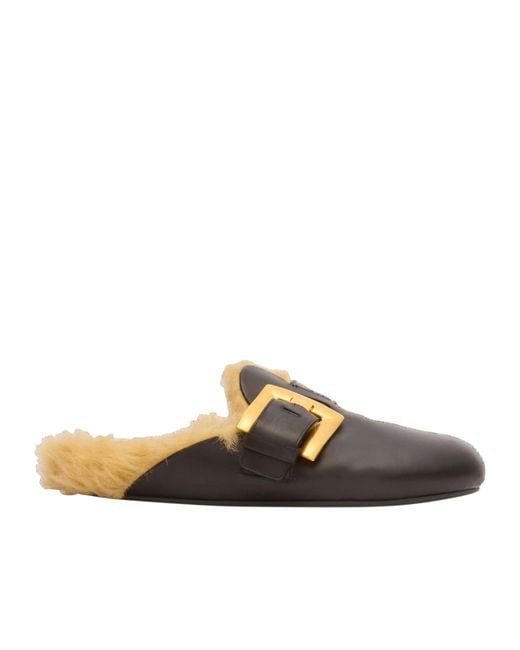 Balmain Brown Leather Faux Fur-Lined Mules for men