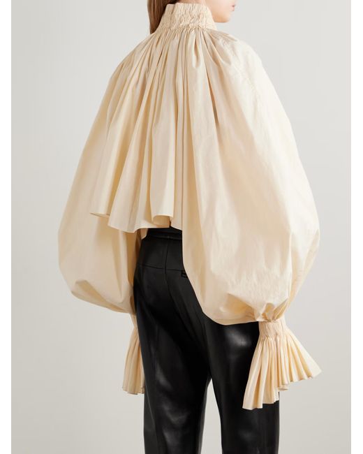 Khaite Natural Durer Smocked Puff-Sleeve Crop Top