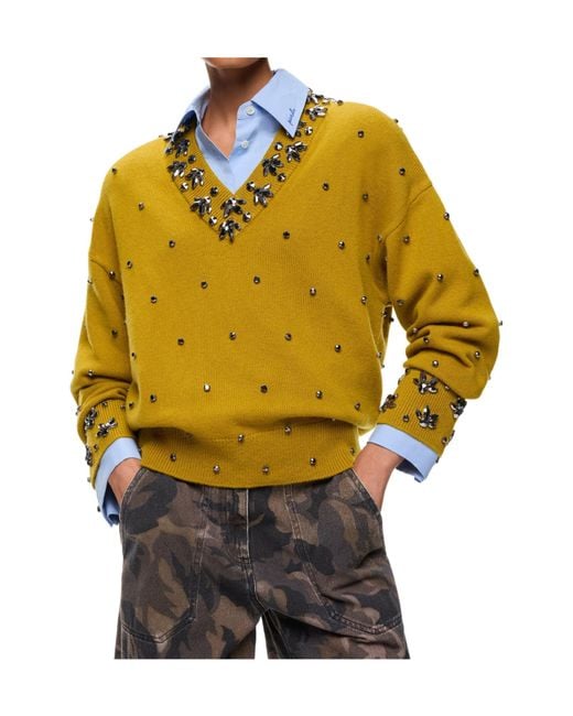 Pinko Yellow Crystal-Embellished V-Neck Sweater
