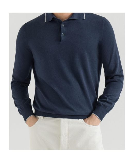 Brunello Cucinelli Blue Sea Island Cotton And Cashmere Lightweight Knit Polo for men
