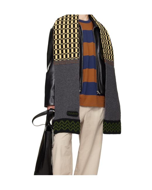 Marni Black Geometric-Pattern Ribbed Scarf