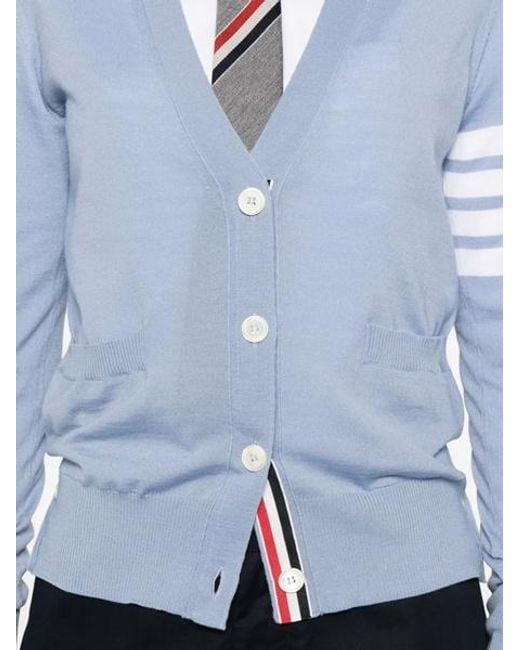 Thom Browne Blue 4-Bar V-Neck Knitted Cardigan