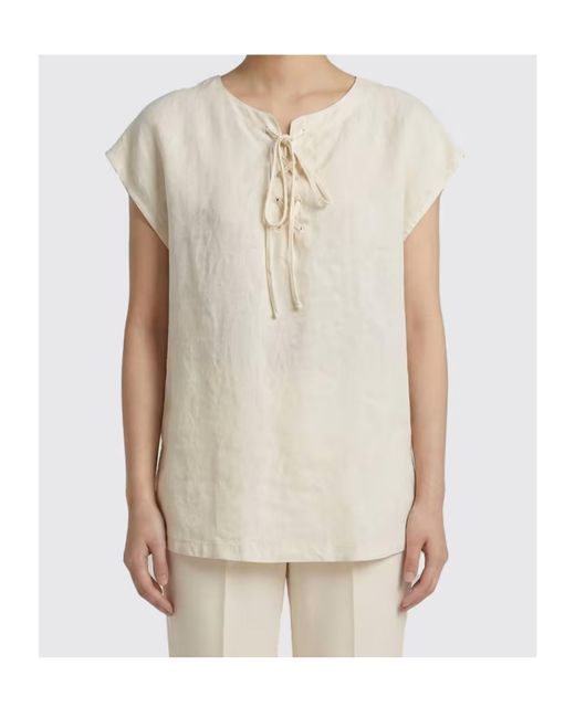 Aspesi Natural Lace-Up Short-Sleeve Blouse
