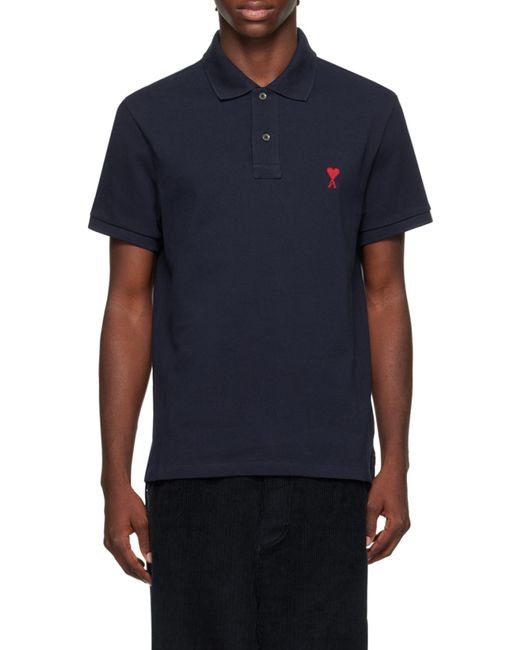 AMI Blue Logo Embroidered Short-Sleeved Polo Shirt for men