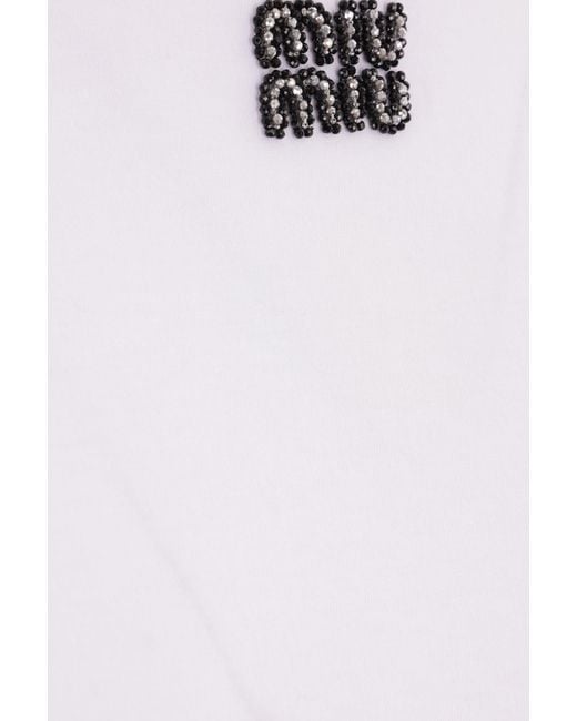 Miu Miu White Logo-Beaded Crewneck T-Shirt