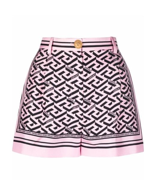Versace Red Greca-Print Silk Shorts