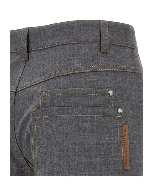 Brunello Cucinelli Gray Logo Patch Wide-Leg Pants