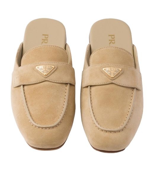 Prada Brown Logo Plaque Almond Toe Mules