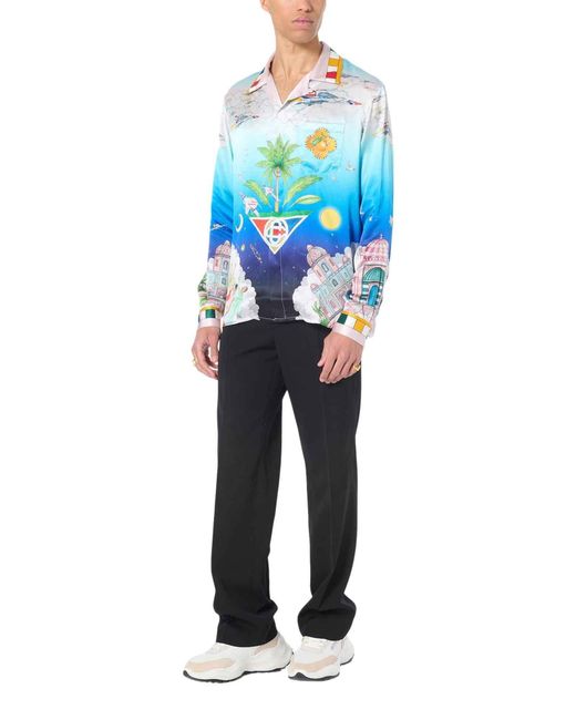 Casablanca Blue Cuban-Collar Silk Shirt for men