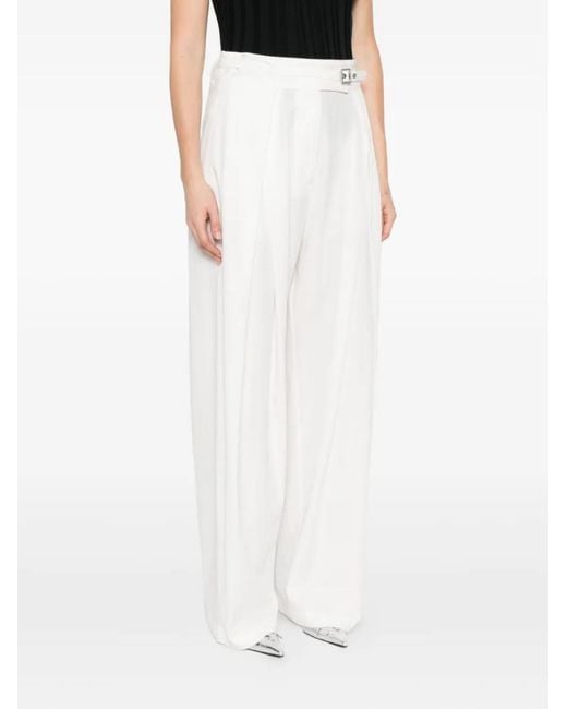 Pinko White Pleated Belted Straight Trousers