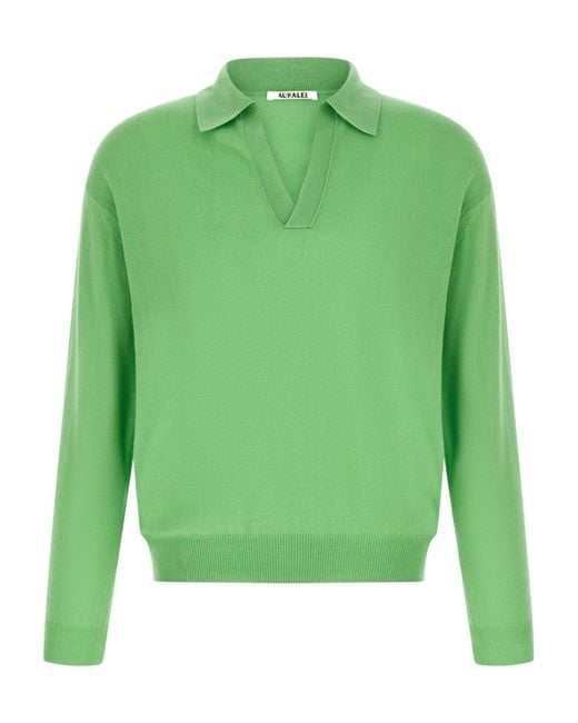 Auralee Green Cashmere Blend Long-Sleeved Knit Polo Shirt for men