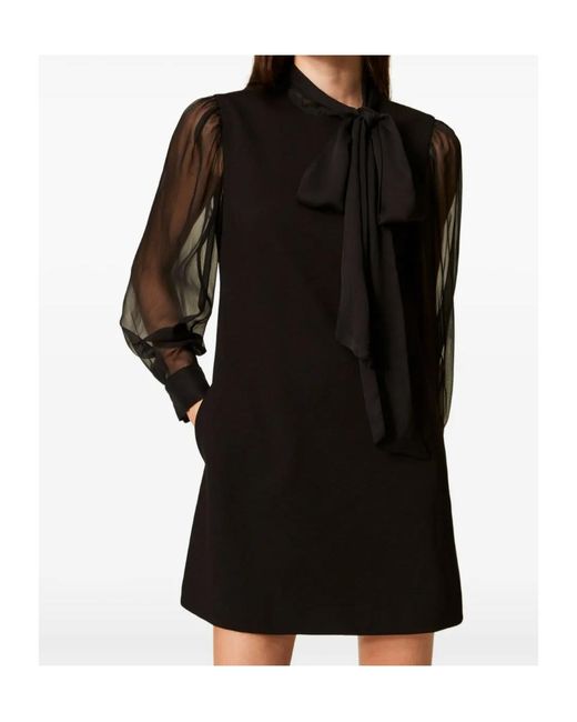 Twinset Black Bow-Neck Sheer-Sleeve Mini Dress