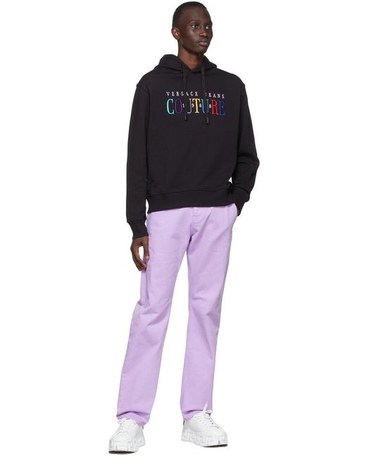 Versace Jeans Black Embroidered-Logo Cotton Hoodie for men