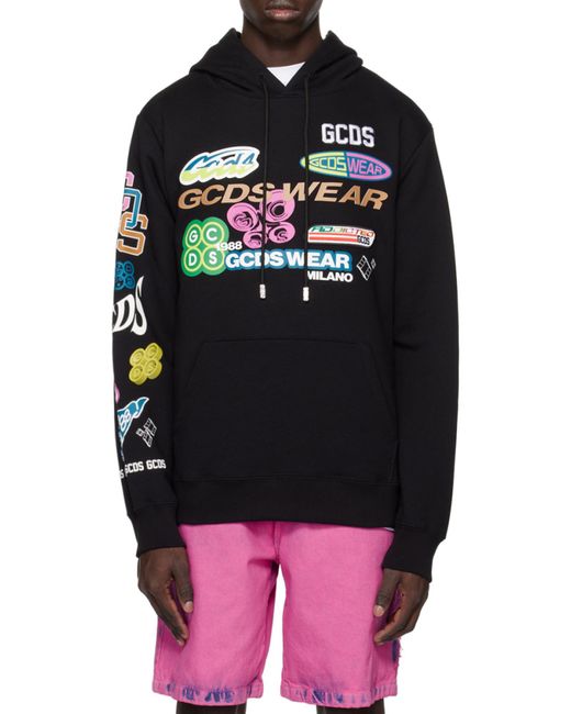 Gcds Black Logo-Print Drawstring Hoodie for men