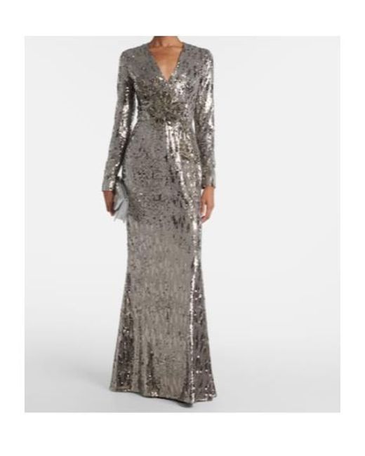 Elie Saab Gray Floral-Appliqué Sequined Silk-Blend Gown