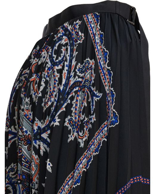 Sacai Black Paisley Printed Pleated Midi Skirt